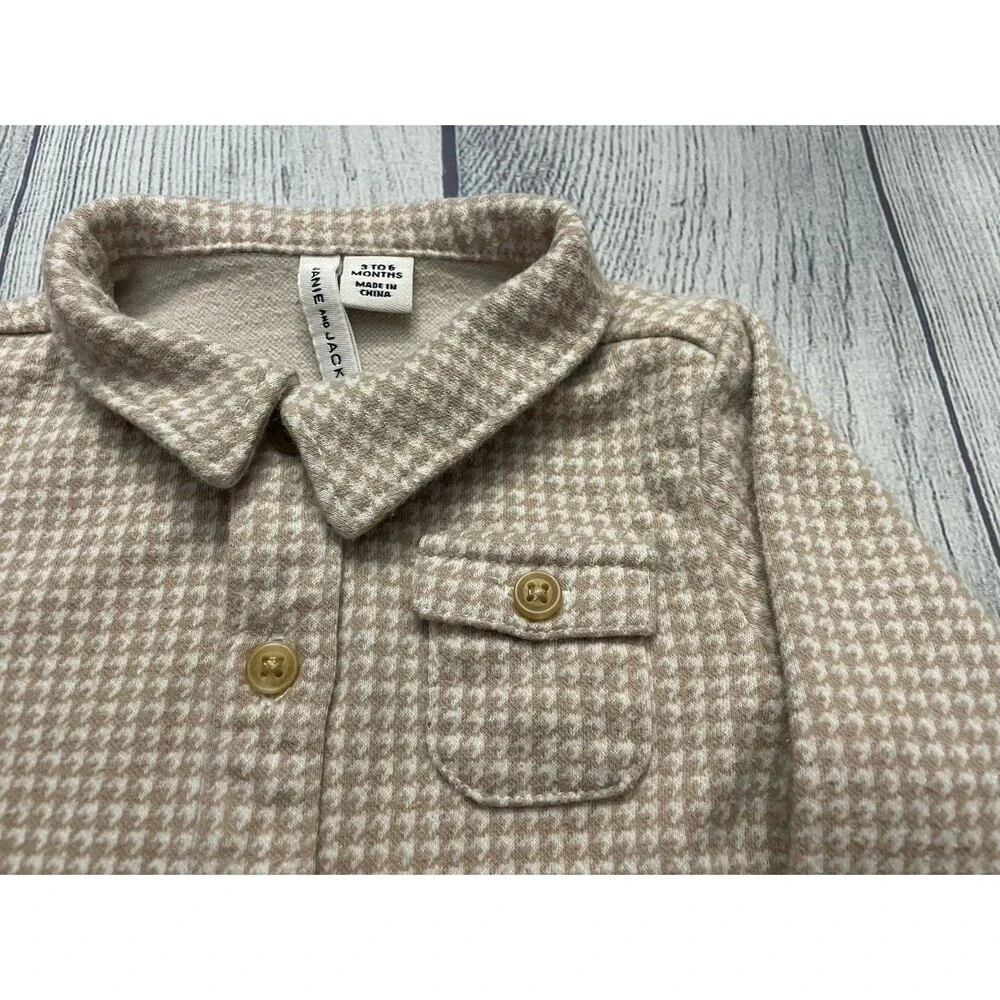 Janie & Jack Tan Houndstooth Baby Boy Shirt & Pants Clothes Set, Size 3-6 months